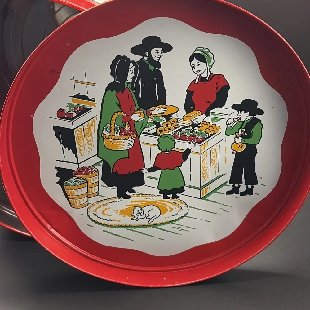 Pretzel Tin & Tray Dutch Red Vtg Farmhouse Boho Cottage Amish Storage Container
